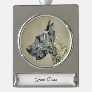 Great Dane (Brindle) Malerei - Original Hunde Art Banner-Ornament Silber