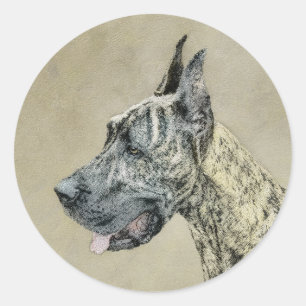 Great Dane (Brindle) Malerei - Original Hunde Art Runder Aufkleber