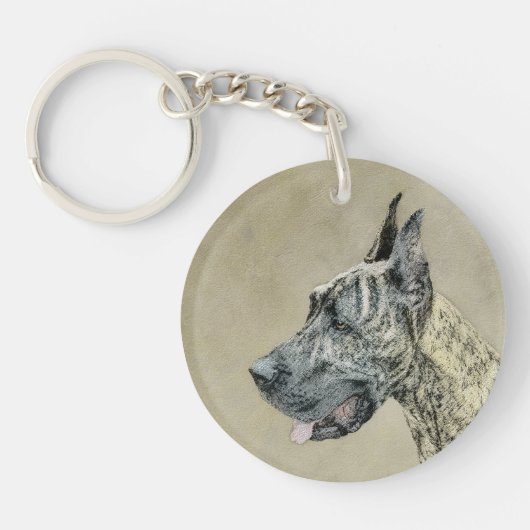 Great Dane (Brindle) Malerei - Original Hunde Art Schlüsselanhänger (Vorderseite)