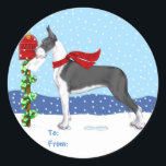 Great Dane Christmas Mail Mantle Gift Tags Runder Aufkleber<br><div class="desc">Weihnachten mit Dänen aus Dänen-R-Us: Dieses große Dane läuft im Schnee und bringt seine Holiday Gruß in den Briefkasten mit seinem roten Strickschal.</div>