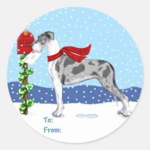 Great Dane Christmas Mail Merle UC Geschenktasten Runder Aufkleber