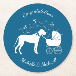 Great Dane Dog Baby Shower Welpe Blue Boy Runder Pappuntersetzer