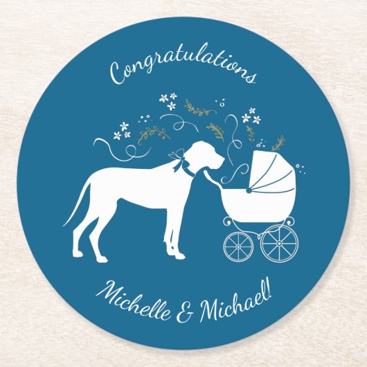 Great Dane Dog Baby Shower Welpe Blue Boy Runder Pappuntersetzer (Vorderseite)