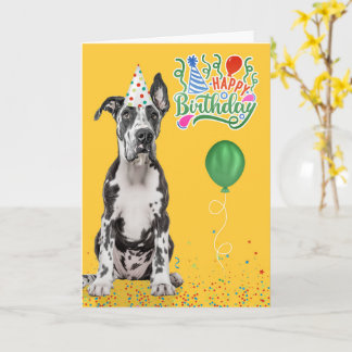 Great Dane Dog Party Hat Yellow Birthday Karte