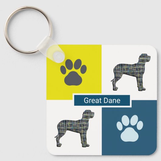 Great Dane Dog Silhouette & Paw Print Y&B Grid Schlüsselanhänger (Vorderseite)
