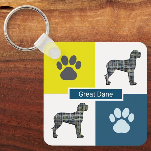 Great Dane Dog Silhouette & Paw Print Y&B Grid Schlüsselanhänger (Vorderseite)