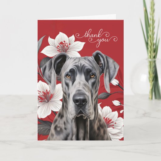 Great Dane Dog with White Lilies on Red Dankeskarte (Vorderseite)
