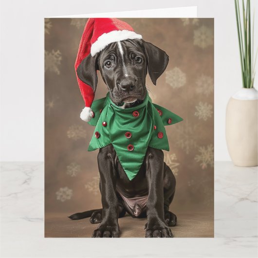 Great Dane Elf Puppy Weihnachtskarte Karte (Vorderseite)