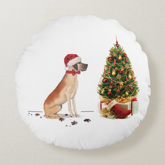Great Dane Funny Christmas Dog mit Baum Rundes Kissen (Vorderseite)