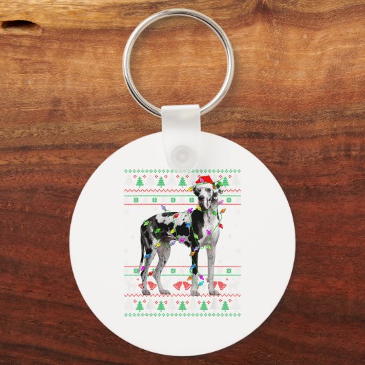 Great Dane Harlequin Dog Christmas Ugly Sweater Li Schlüsselanhänger (Vorderseite)