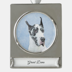 Great Dane (Harlequin) Malerei - Original Dog Art Banner-Ornament Silber