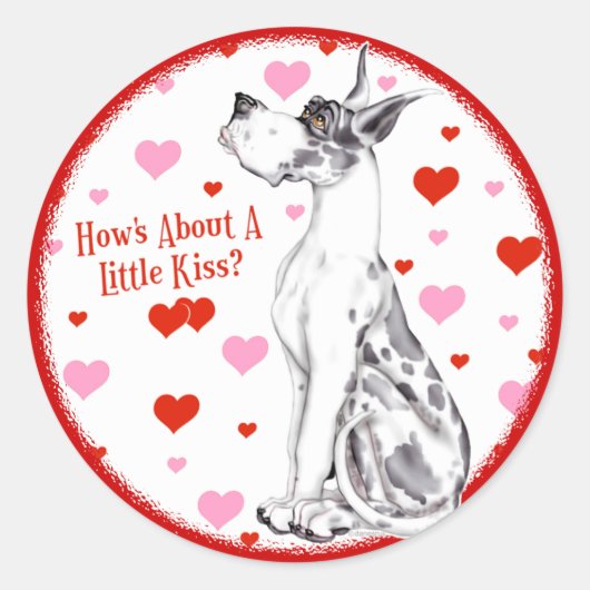 Great Dane Harlequin Valentine's Day Kiss Runder Aufkleber (Vorderseite)