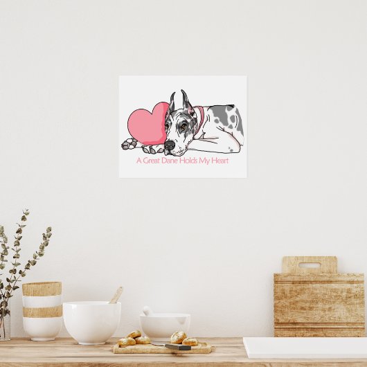 Great Dane Holds Heart Harlequin Poster (Küche)