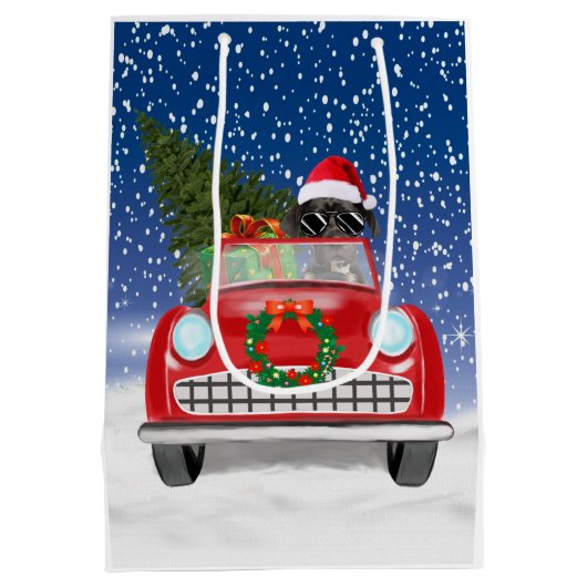 Great Dane Hund Autofahren Auto in Schnee Weihnach Mittlere Geschenktüte (Rückseite)