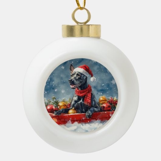 Great Dane Hund in Sledge Let it Snow Weihnachten Keramik Kugel-Ornament (Vorderseite)