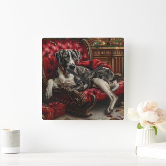 Great Dane Hund Weihnachten Quadratische Wanduhr (Zuhause)