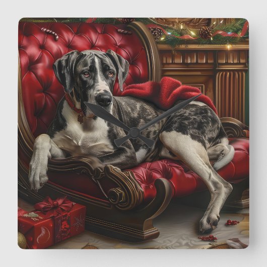 Great Dane Hund Weihnachten Quadratische Wanduhr (Vorderseite)