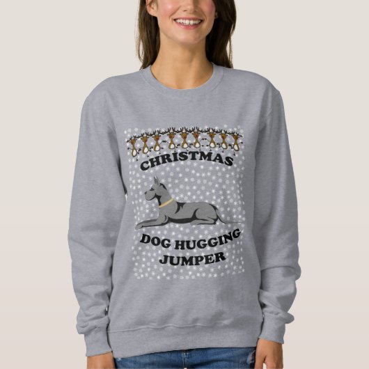 Great Dane Hund Weihnachts-Hund umarmt Sweatshirt (Vorderseite)