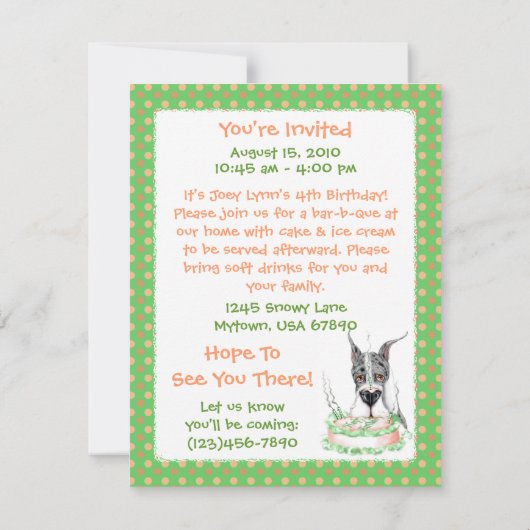 Great Dane Merle Birthday Cake Einladung (Rückseite)