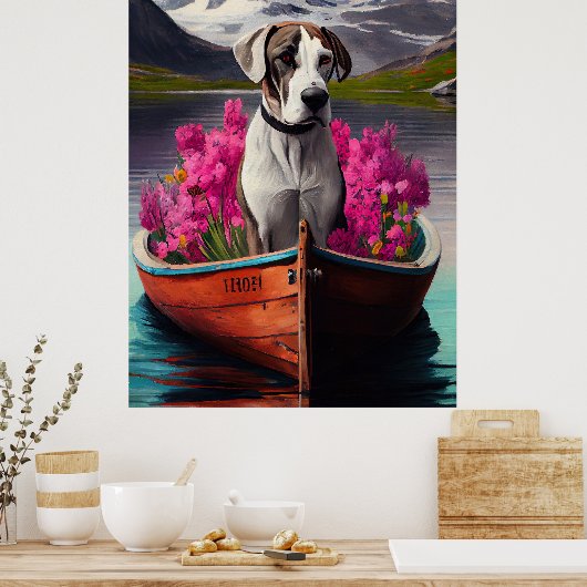 Great Dane on a Paddle: Ein Landschaftliches Abent Poster (Küche)