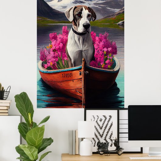 Great Dane on a Paddle: Ein Landschaftliches Abent Poster (Heimbüro)