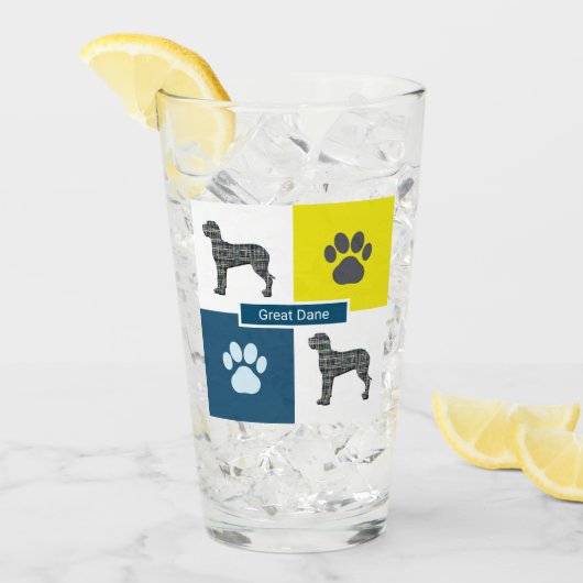 Great Dane Silhouette Hund & Paw Y&B Grid Glas (Vorderseite Ice)