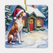 Great Dane Snowy Cabin Santa Hat Christmas Art Keramikornament (Vorderseite)