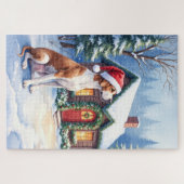 Great Dane Snowy Cabin Santa Hat Christmas Art Puzzle (Horizontal)