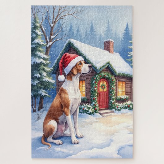 Great Dane Snowy Cabin Santa Hat Christmas Art Puzzle (Vertikal)