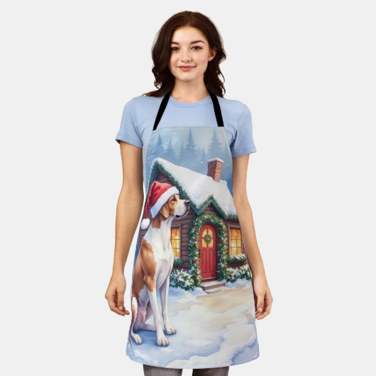 Great Dane Snowy Cabin Santa Hat Christmas Art Schürze (Getragen)