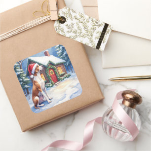 Great Dane Snowy Cabin Santa Hut Weihnachtskunst Quadratischer Aufkleber