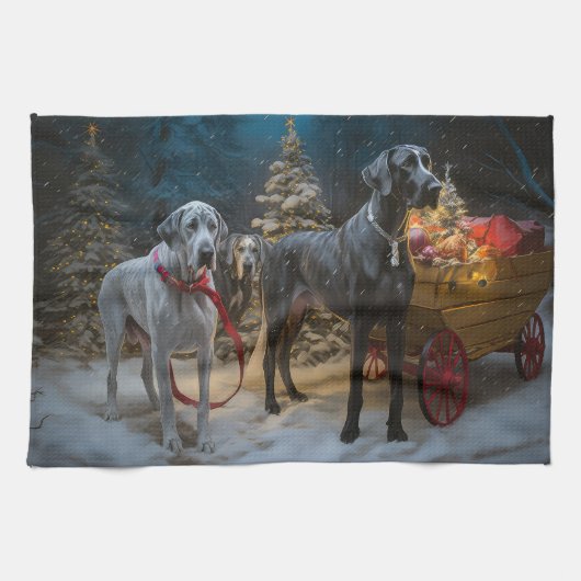 Great Dane Snowy Sleigh Weihnachtsdekor Geschirrtuch (Horizontal)