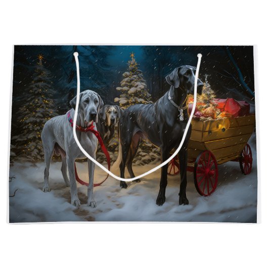 Great Dane Snowy Sleigh Weihnachtsdekor Große Geschenktüte (Vorderseite)