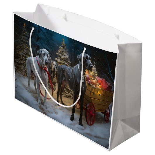 Great Dane Snowy Sleigh Weihnachtsdekor Große Geschenktüte (Rückseite Schrägansicht)