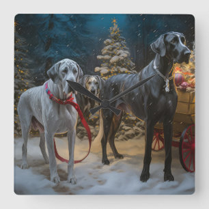 Great Dane Snowy Sleigh Weihnachtsdekor Quadratische Wanduhr
