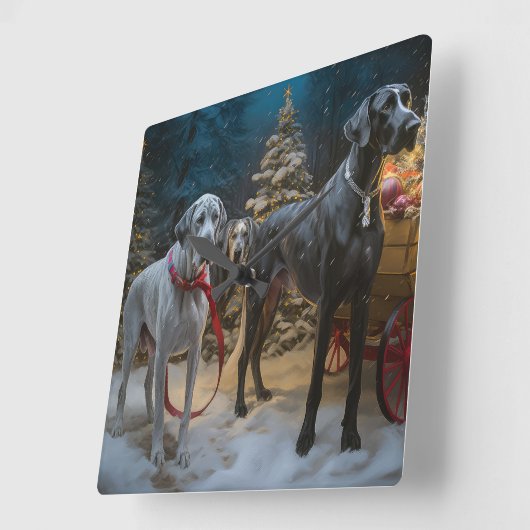 Great Dane Snowy Sleigh Weihnachtsdekor Quadratische Wanduhr (Winkel)