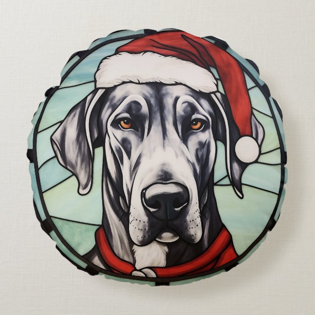 Great Dane Stared Glass Weihnachten Rundes Kissen (Vorderseite)