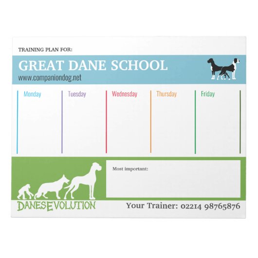 Great Dane Trainingsplan Notepad Notizblock (Vorderseite)