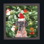 Great Dane w Christmas Tree Geschenkboxen Weihnach Kiste<br><div class="desc">Ein niedlicher Großer Dane Hund mit roter Weihnachtsmannmütze und posiert vor dem schön dekorierten Weihnachtsbaum,  mit Geschenkboxen Schneemann,  Teddy Bär,  Weihnachtsschmuck. Ein perfektes Geschenk zu Weihnachten!</div>