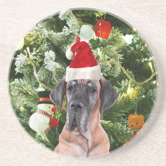 Great Dane w Christmas Tree Geschenkboxen Weihnach Sandstein Untersetzer (Vorne)
