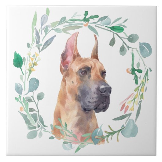Great Dane Watercolor Wreath Fliese (Vorderseite)