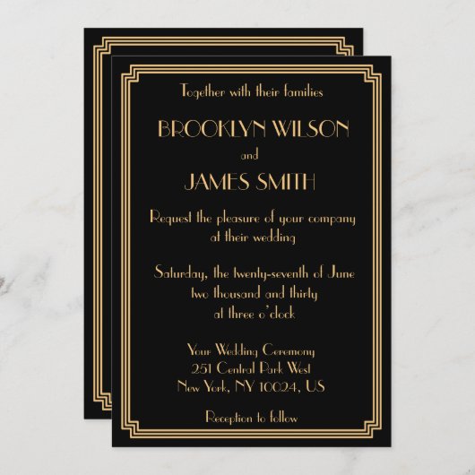 Great Gatsby Art Deco Black Gold Hochzeit Einladun Einladung (Vorne/Hinten)