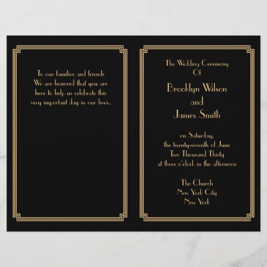 Great Gatsby Art Deco Black Gold Hochzeitsprogramm (Vorderseite)