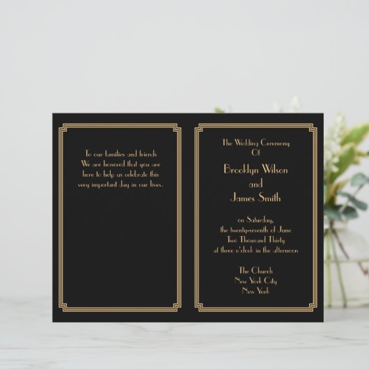 Great Gatsby Art Deco Black Gold Hochzeitsprogramm (Stehend Vorderseite)