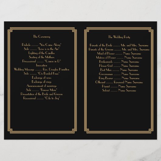 Great Gatsby Art Deco Black Gold Hochzeitsprogramm (Rückseite)