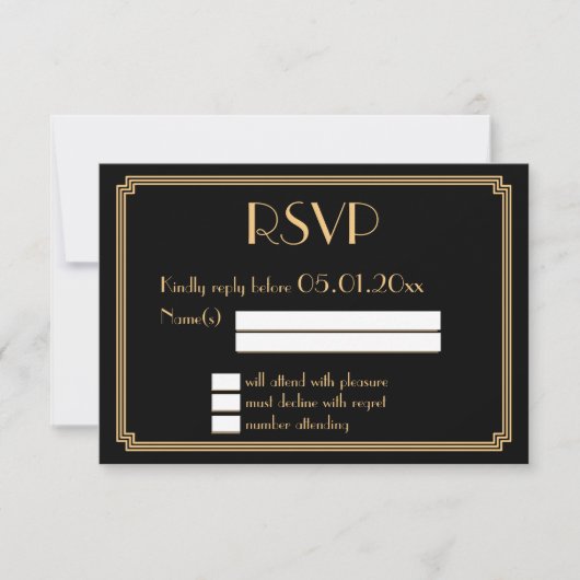 Great Gatsby Art Deco Black Wedding RSVP Cards (Vorderseite)