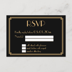 Great Gatsby Art Deco Black Wedding RSVP Cards Karte