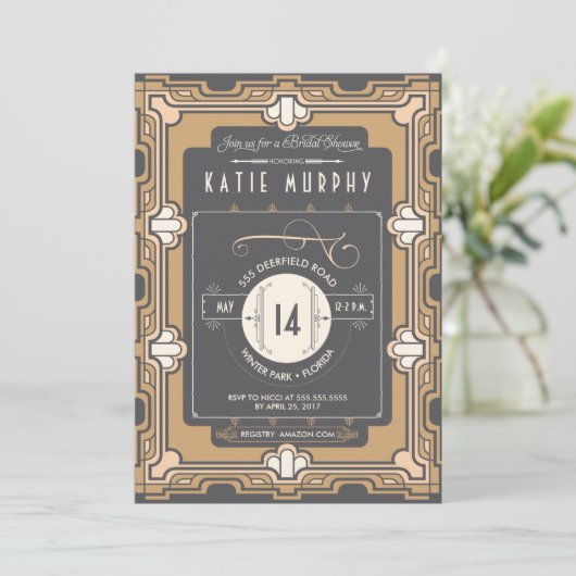 Great Gatsby Art Deco Brautparty Einladung (Stehend Vorderseite)