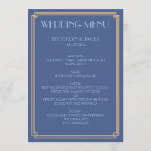 Great Gatsby Art Deco Gold Blue Wedding Menü Menükarte