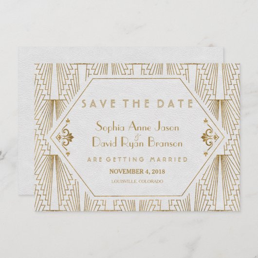 Great Gatsby Art Deco Gold White Save the Date (Vorne/Hinten)